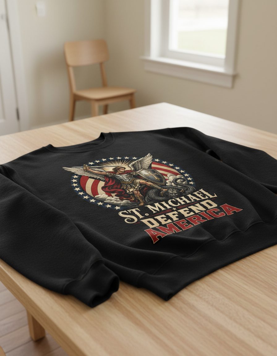 St Michael Defend America Patriotic Christian Sweatshirt - product mockup - Black