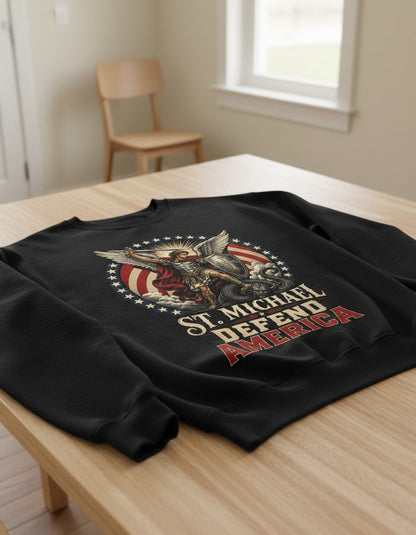 St Michael Defend America Patriotic Christian Sweatshirt - product mockup - Black