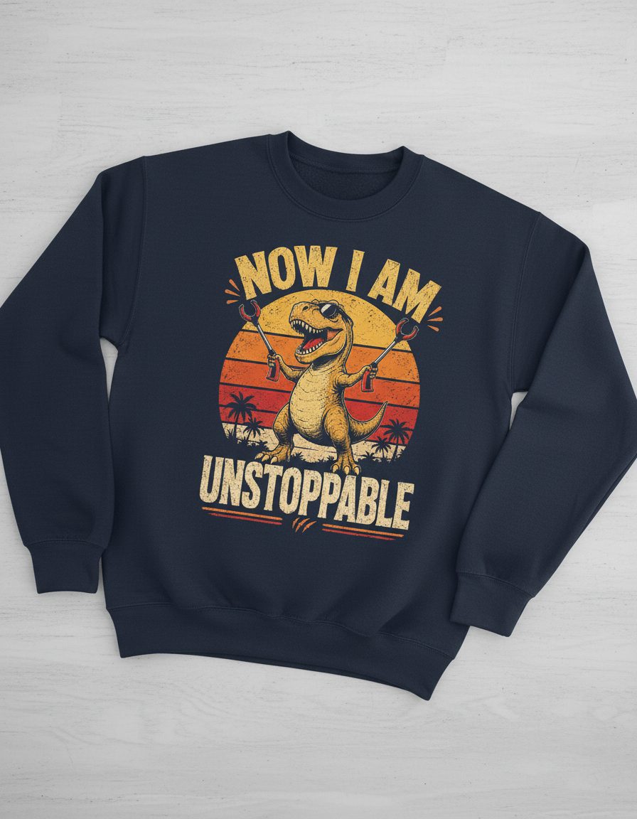 Now I Am Unstoppable Funny T-Rex Sweatshirt - product mockup - Navy