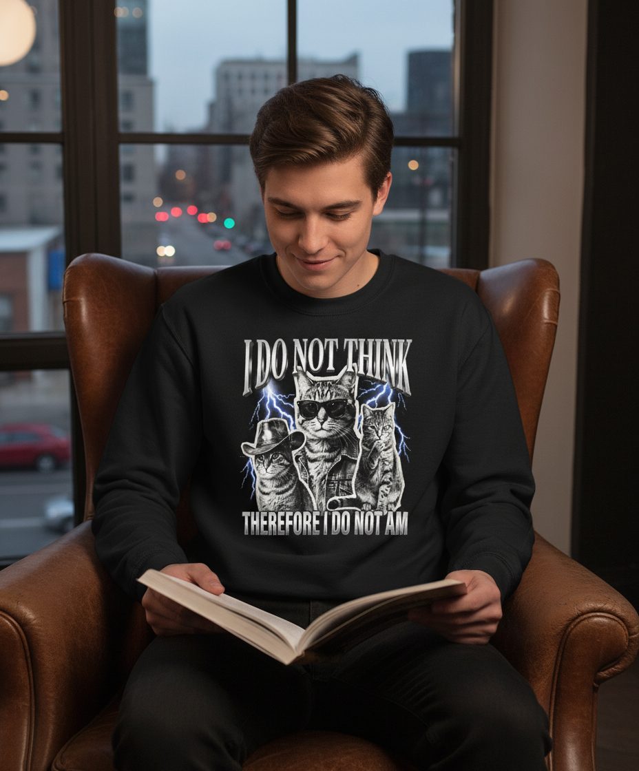 I Do Not Think Therefore I Do Not Am cats Sweatshirt Black lifestyle mockup