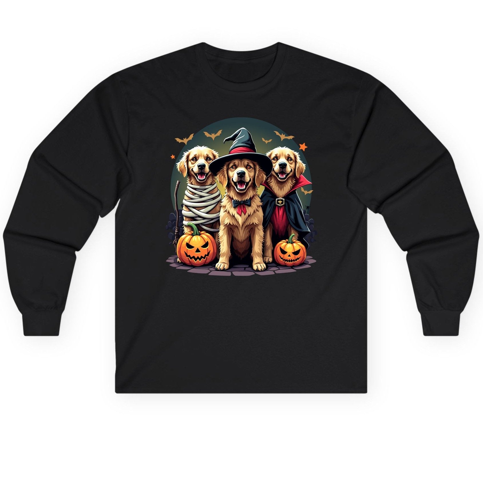 Golden Retriever Halloween Trio golden retriever Long Sleeve Tee Black product mockup