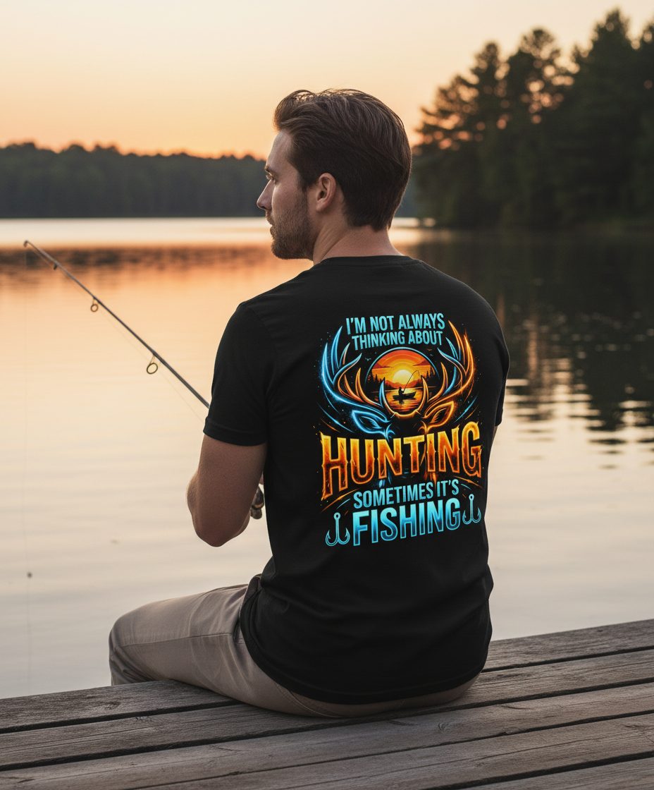 I'm Not Always Thinking About Hunting Sometimes It's Fishing hunting and fishing T-Shirt Black lifestyle mockup