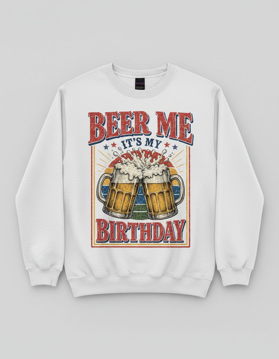 Beer Me It's My Birthday Funny Celebrants Sweatshirt - product mockup - White