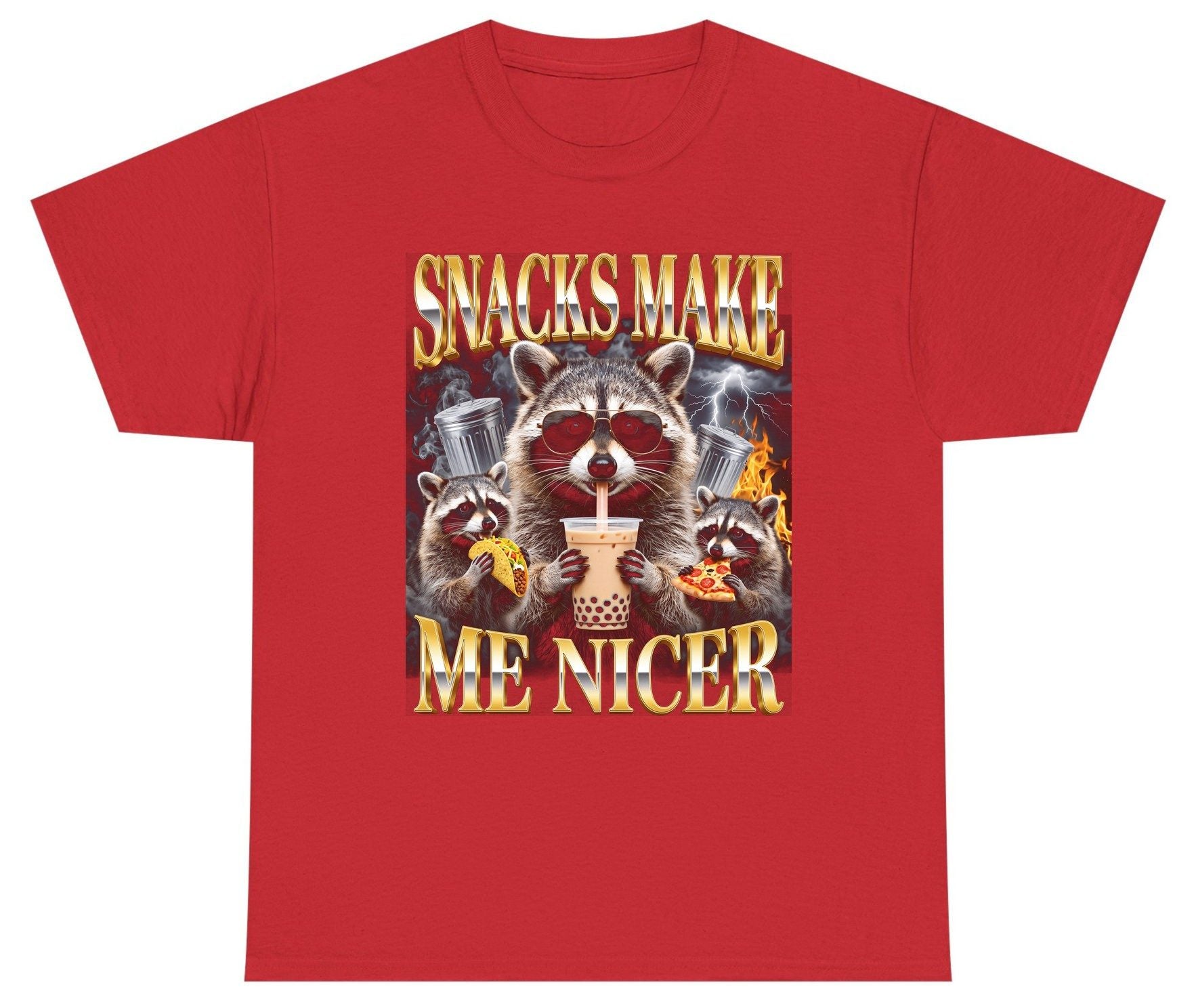 SNACKS MAKE ME NICER Funny Raccoon Youth T-Shirt - product mockup - Red