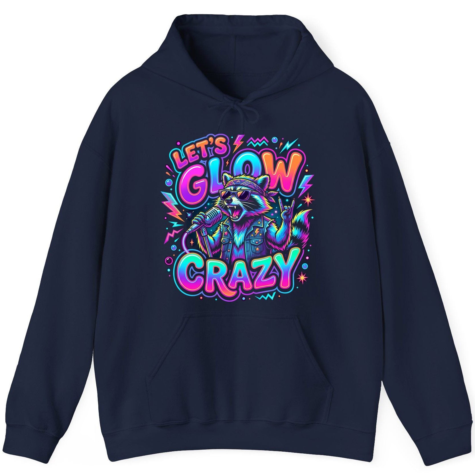 Let's Glow Crazy Funny Rockstar Raccoon Hoodie - product mockup - Navy