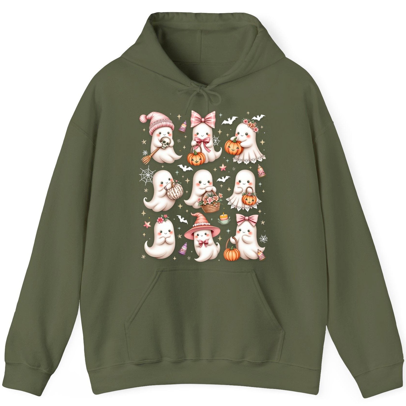 Cute Pink Halloween Ghosts cute Halloween ghosts Hoodie Military Green product mockup