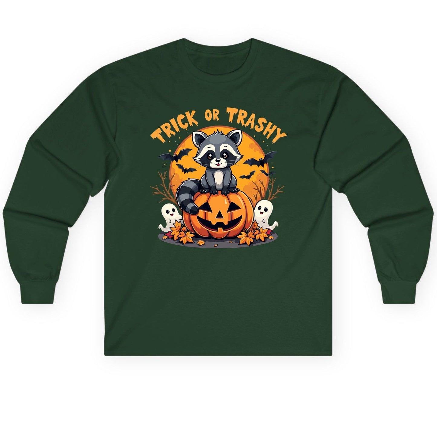 Trick or Trashy raccoon Long Sleeve Tee Forest Green product mockup