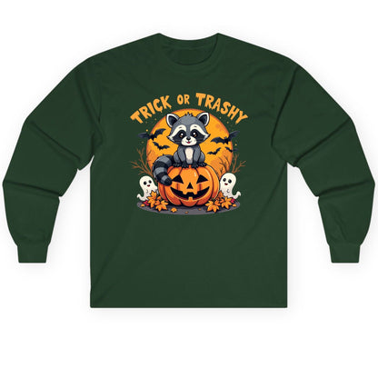 Trick or Trashy raccoon Long Sleeve Tee Forest Green product mockup