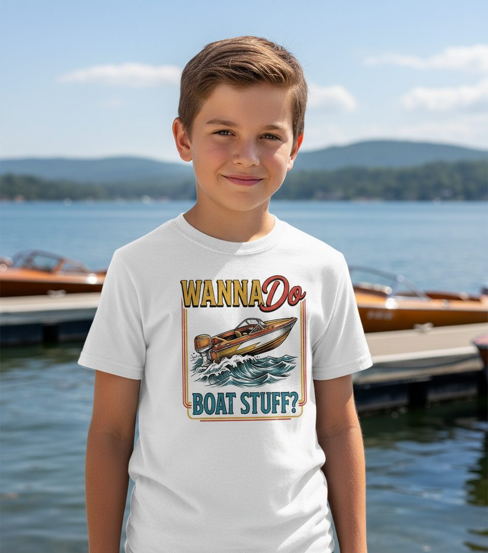 Wanna Do Boat Stuff Retro Boating Youth T-Shirt - lifestyle model mockup - White