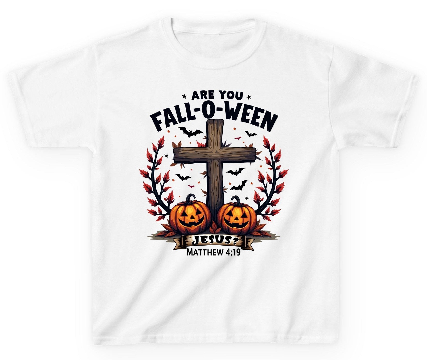 Are You Fall-O-Ween Jesus? christian Halloween Youth T-Shirt White product mockup