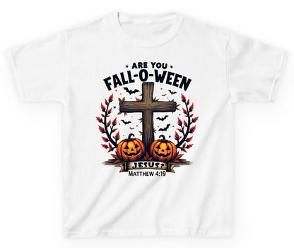 Are You Fall-O-Ween Jesus? christian Halloween Youth T-Shirt White product mockup