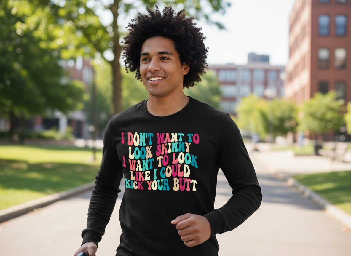 I Don't Want to Look Skinny I Want to Look Like I Could Kick Your Butt fitness motivation Long Sleeve Tee Black lifestyle