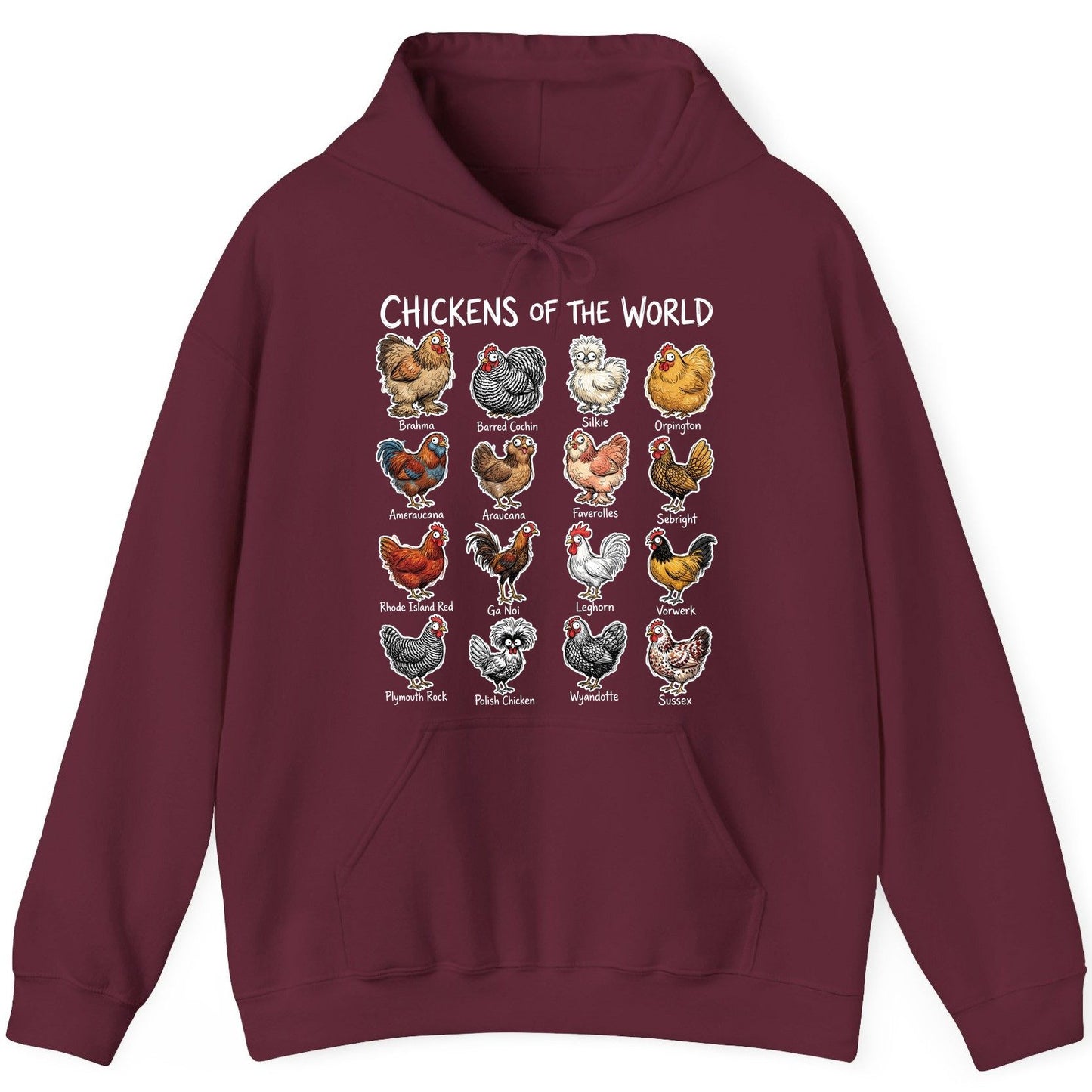Chickens of the World chicken breeds Hoodie Maroon product mockup