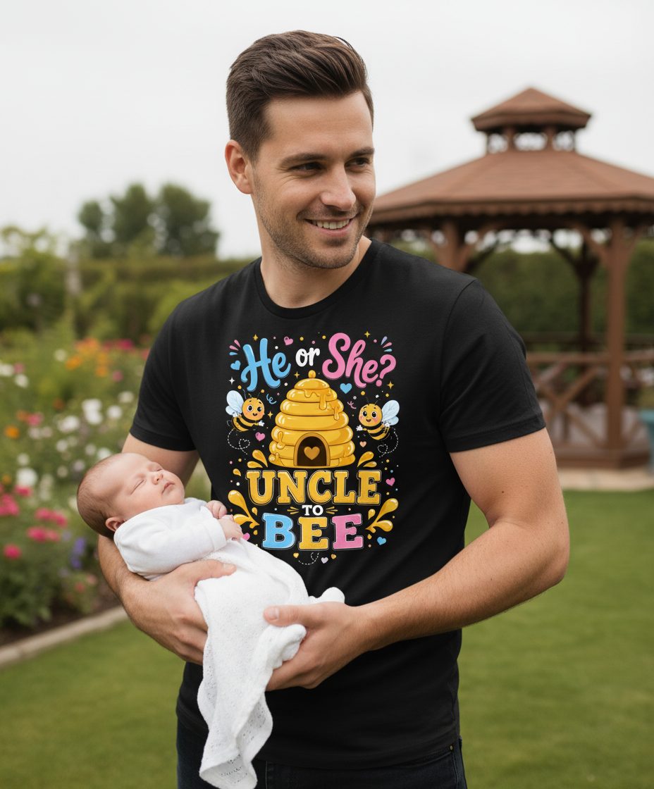 He or She Uncle to Bee Gender Reveal T-Shirt - lifestyle model mockup - Black