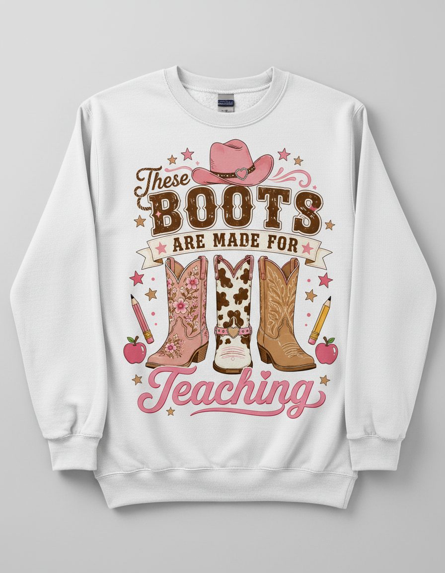 These Boots Are Made for Teaching Teacher Sweatshirt - product mockup - White