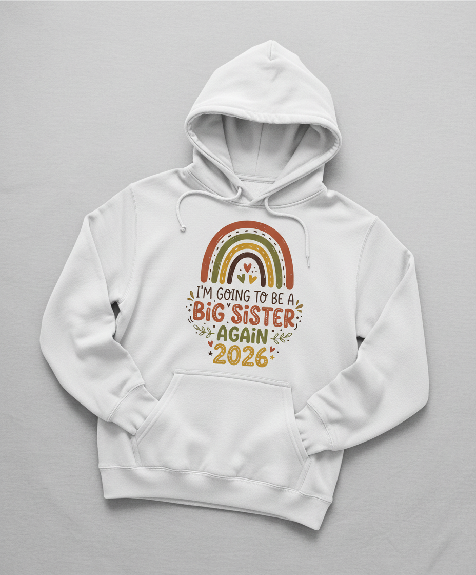I'm Going to Be a Big Sister Again 2026 Boho Rainbow Announcement Hoodie - White