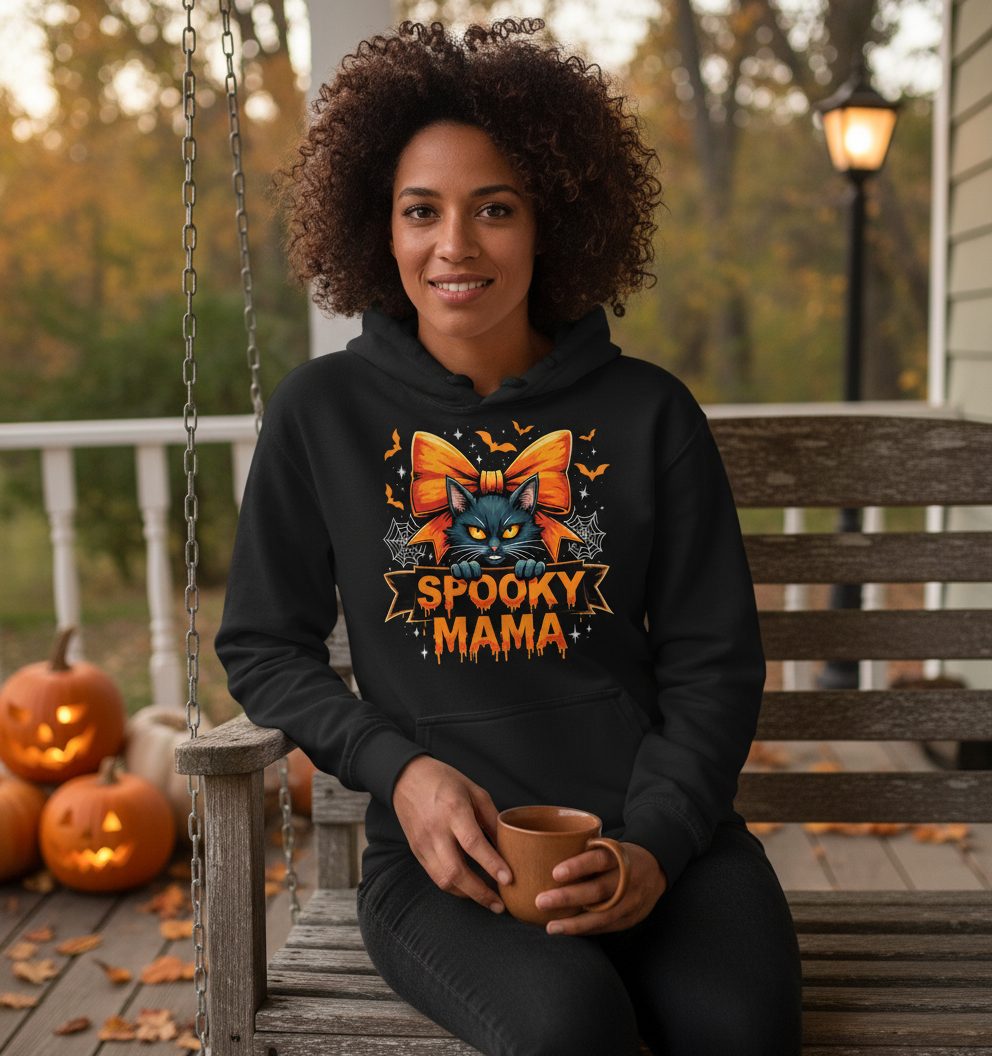Spooky Mama black cat Hoodie Black lifestyle mockup