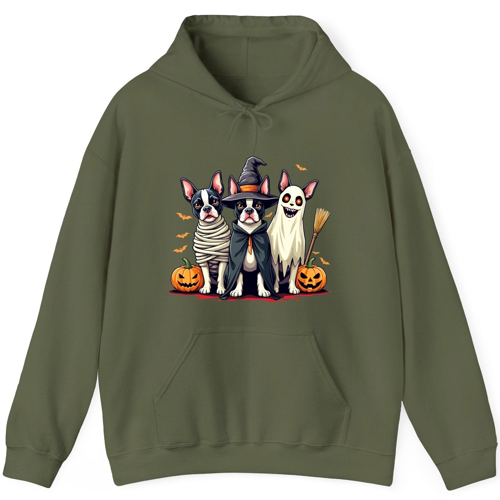 Halloween Boston Terrier Trio boston terrier Hoodie Military Green product mockup