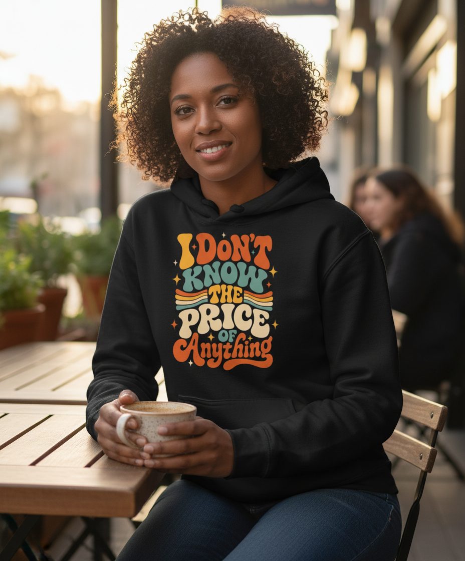 I DON'T KNOW THE PRICE OF Anything Hoodie - lifestyle model mockup - Black