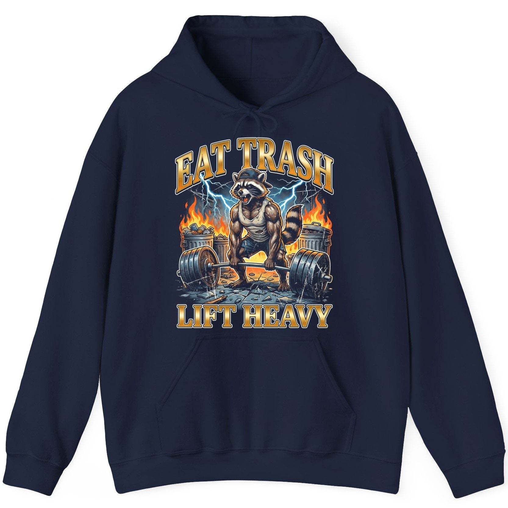 Eat Trash Lift Heavy raccoon Hoodie Navy product mockup