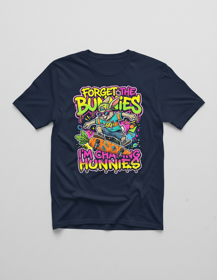 Funny 90s Skater Rabbit Chasing Hunnies T-Shirt - Navy