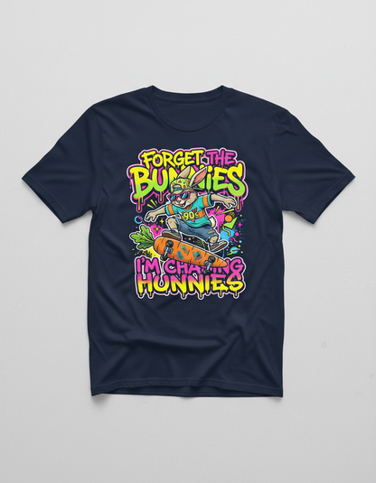 Funny 90s Skater Rabbit Chasing Hunnies T-Shirt - Navy