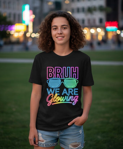 BRUH WE ARE Glowing Neon Party Youth T-Shirt Black lifestyle mockup
