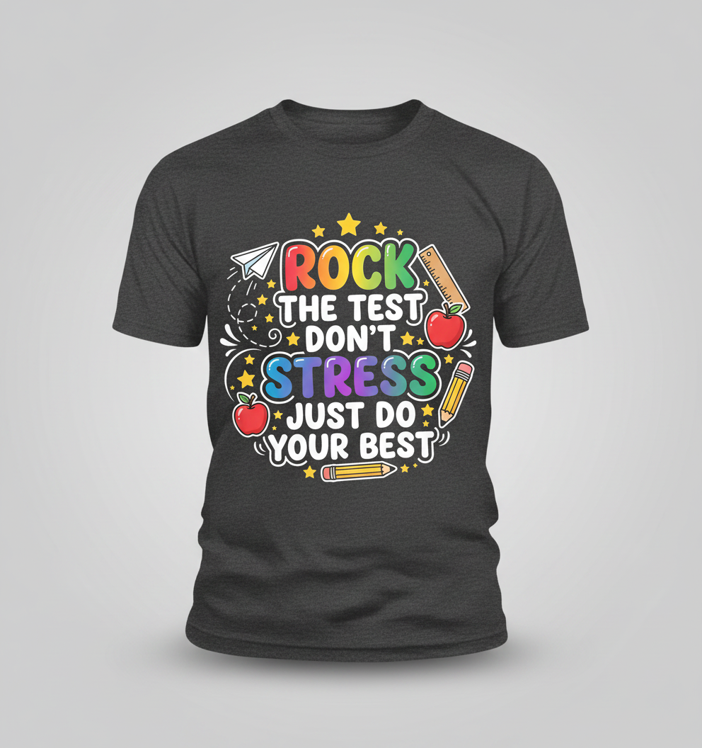 Rock The Test Don't Stress Just Do Your Best Motivational Design T-Shirt - Dark Heather