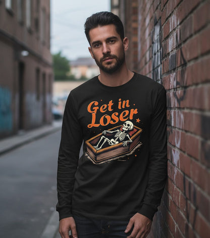 Get in Loser skeleton in coffin Long Sleeve Tee Black lifestyle mockup
