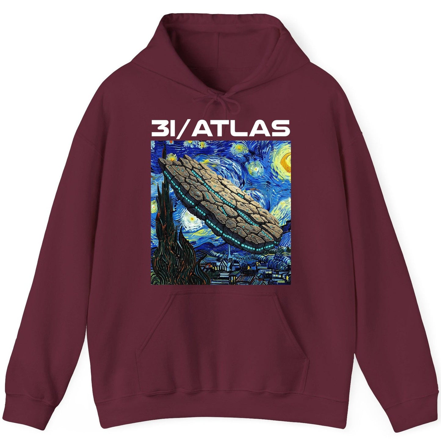 31 Atlas van gogh sci-fi mashup Hoodie Maroon product mockup