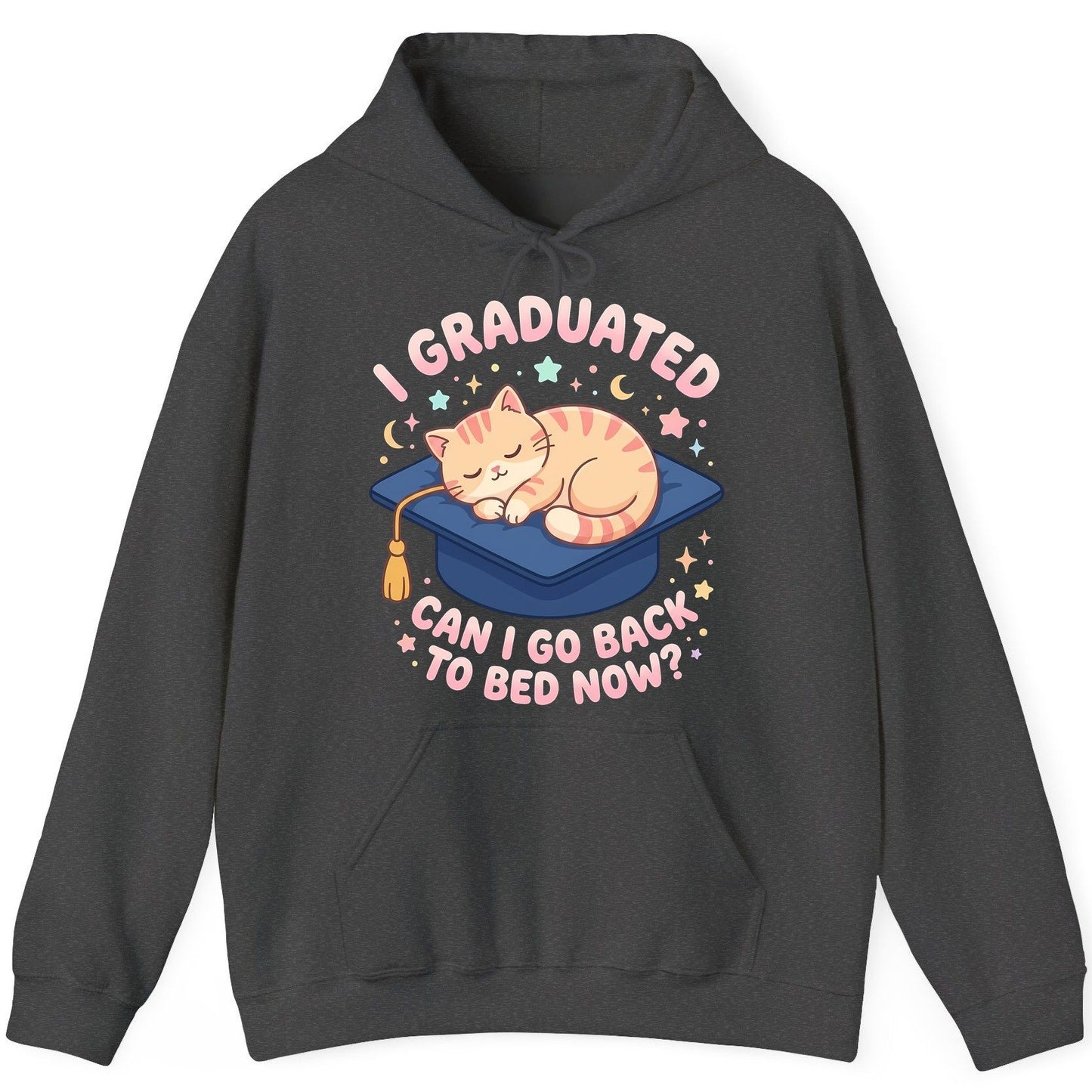 I Graduated CAN I GO BACK TO BED NOW Funny Graduation Cat Hoodie - product mockup - Dark Heather