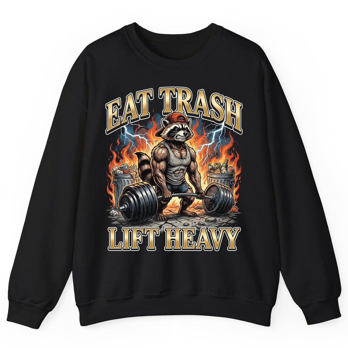 Eat Trash Lift Heavy raccoon Sweatshirt Black product mockup