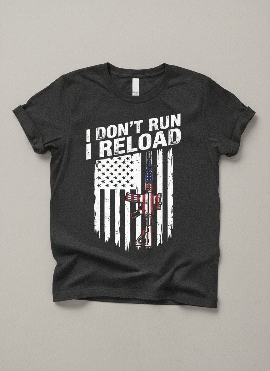 I Don't Run I Reload Patriotic American Flag Rifle T-Shirt - Dark Heather