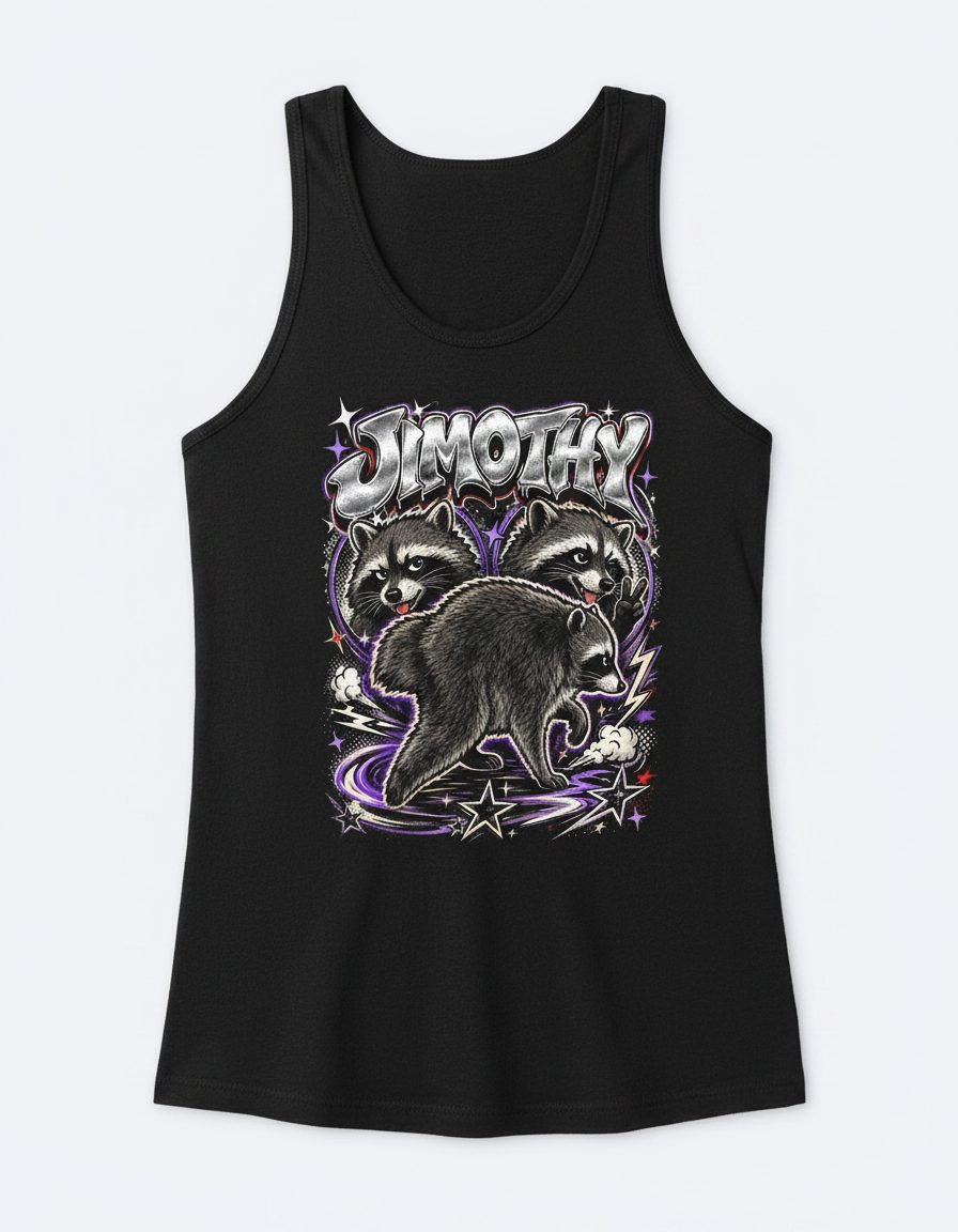 Jimothy Funny Raccoon Tank Top - product mockup - Black