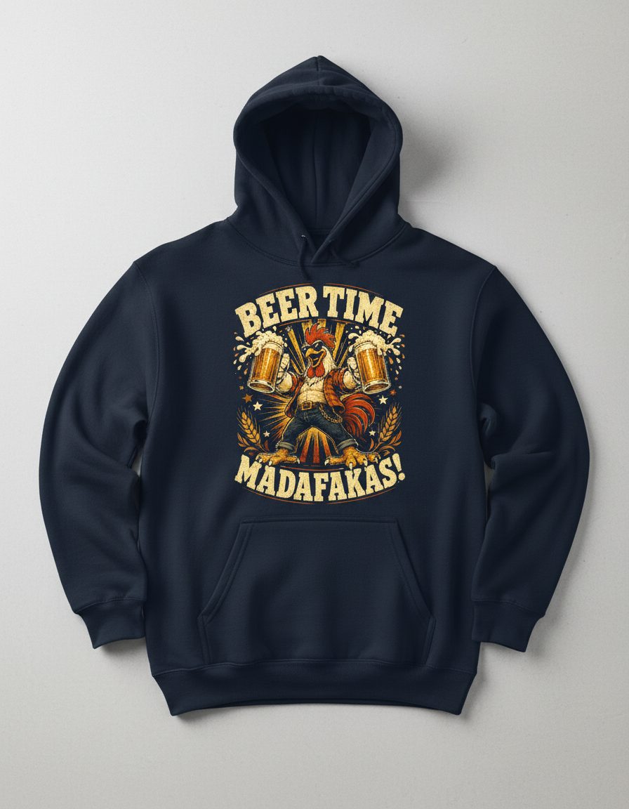 Beer Time Madafakas Funny Rooster Hoodie - product mockup - Navy