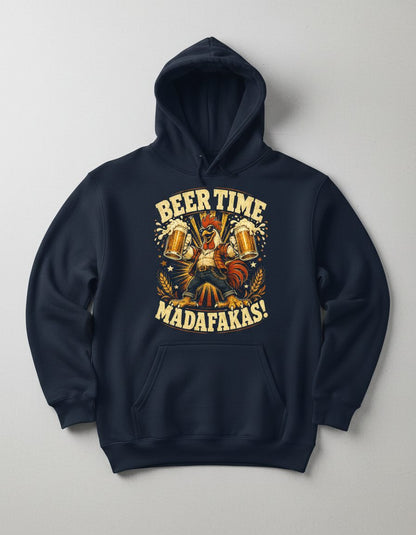 Beer Time Madafakas Funny Rooster Hoodie - product mockup - Navy