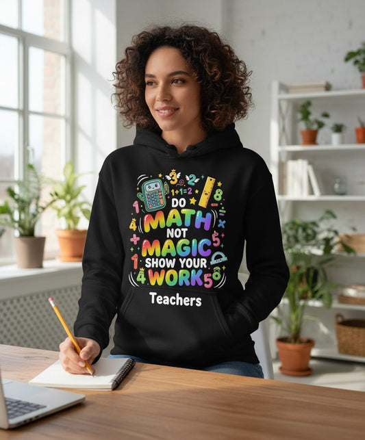 DO MATH NOT MAGIC SHOW YOUR WORK Teachers Hoodie - lifestyle model mockup - Black