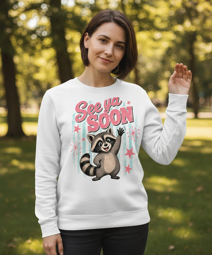 See Ya SOON Retro Raccoon Sweatshirt - lifestyle model mockup - White