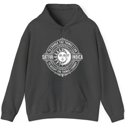 Sativa to Change the Things I Can Indica to Accept the Things I Hoodie - product mockup - Dark Heather