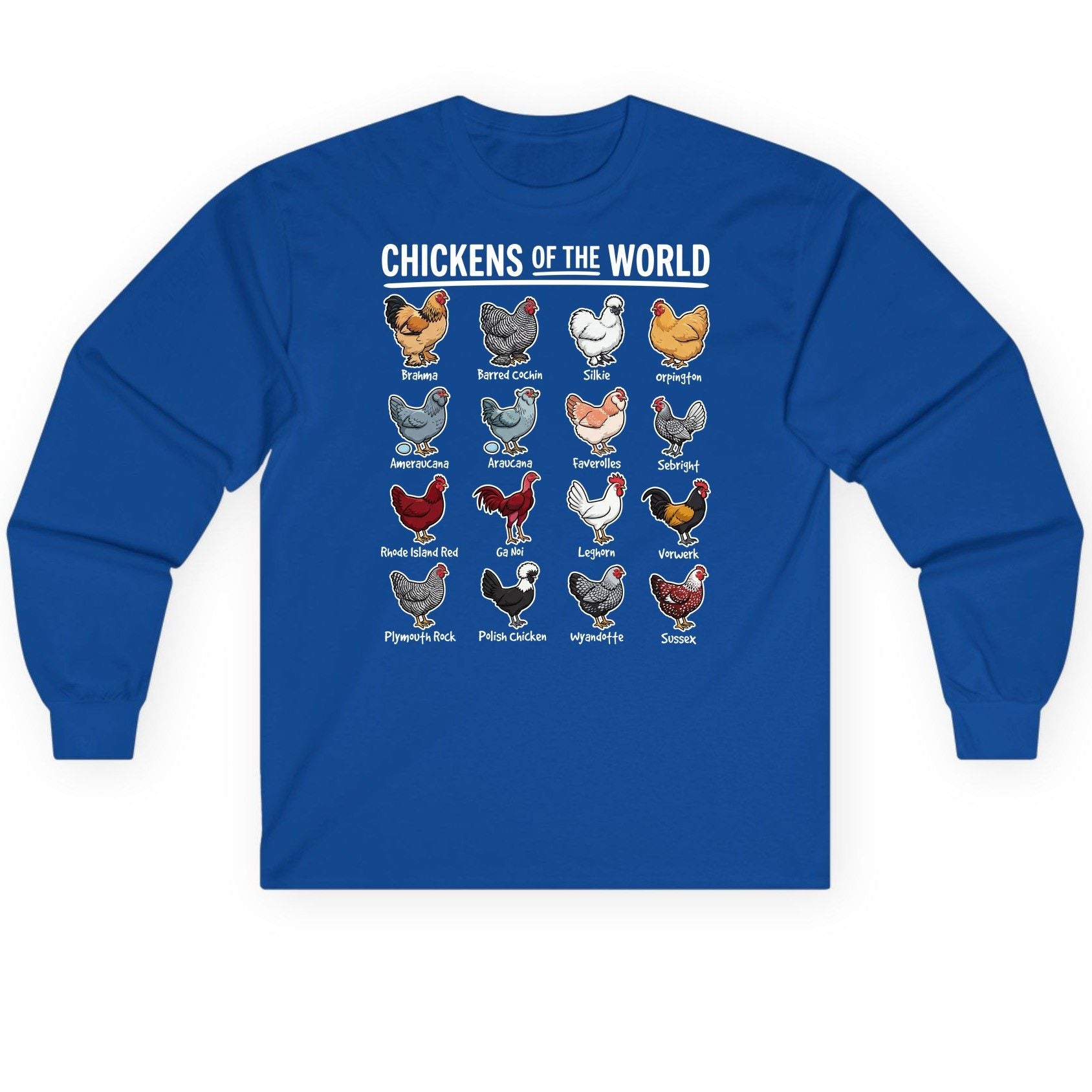 Chickens of the World chicken breeds Long Sleeve Tee Royal product mockup