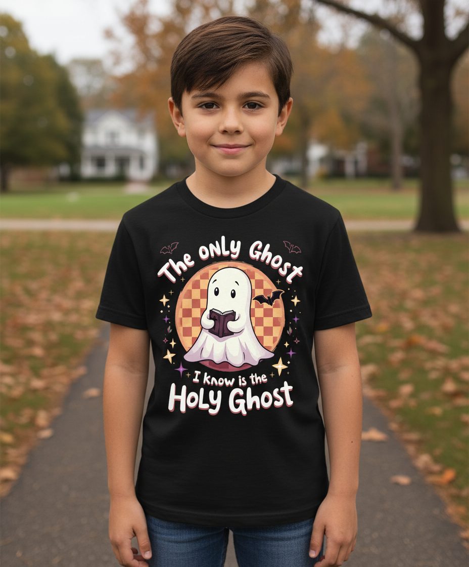 The Only Ghost I Know Is the Holy Ghost christian Halloween Youth T-Shirt Black lifestyle mockup