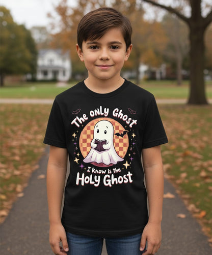 The Only Ghost I Know Is the Holy Ghost christian Halloween Youth T-Shirt Black lifestyle mockup