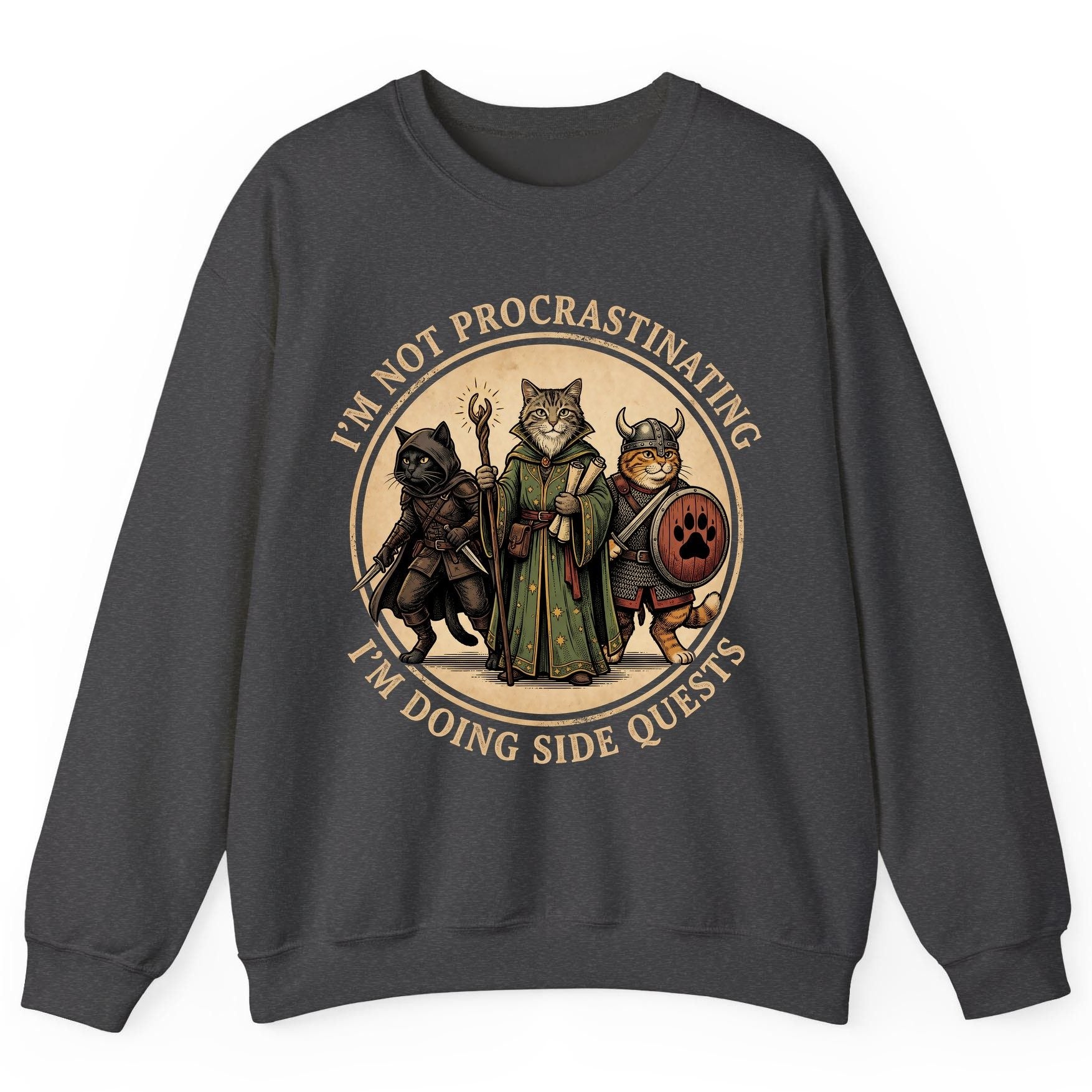 I'm Not Procrastinating I'm Doing Side Quests rpg cats Sweatshirt Dark Heather product mockup