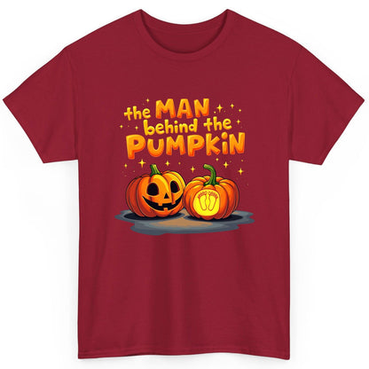 The Man Behind the Pumpkin Halloween pregnancy announcement T-Shirt Cardinal Red product mockup