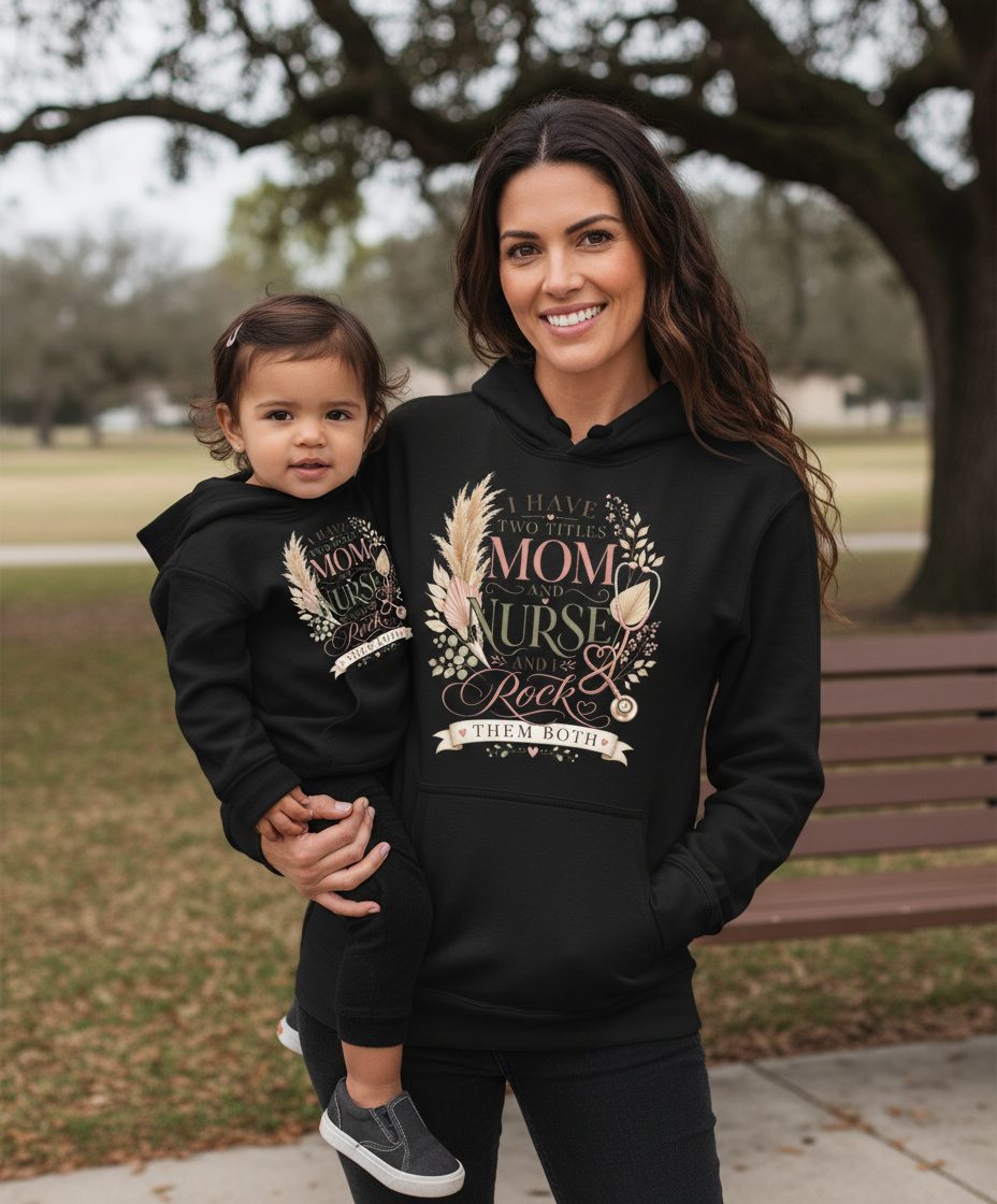 I Have Two Titles Mom and Nurse and I Rock Them Both Hoodie - lifestyle model mockup - Black