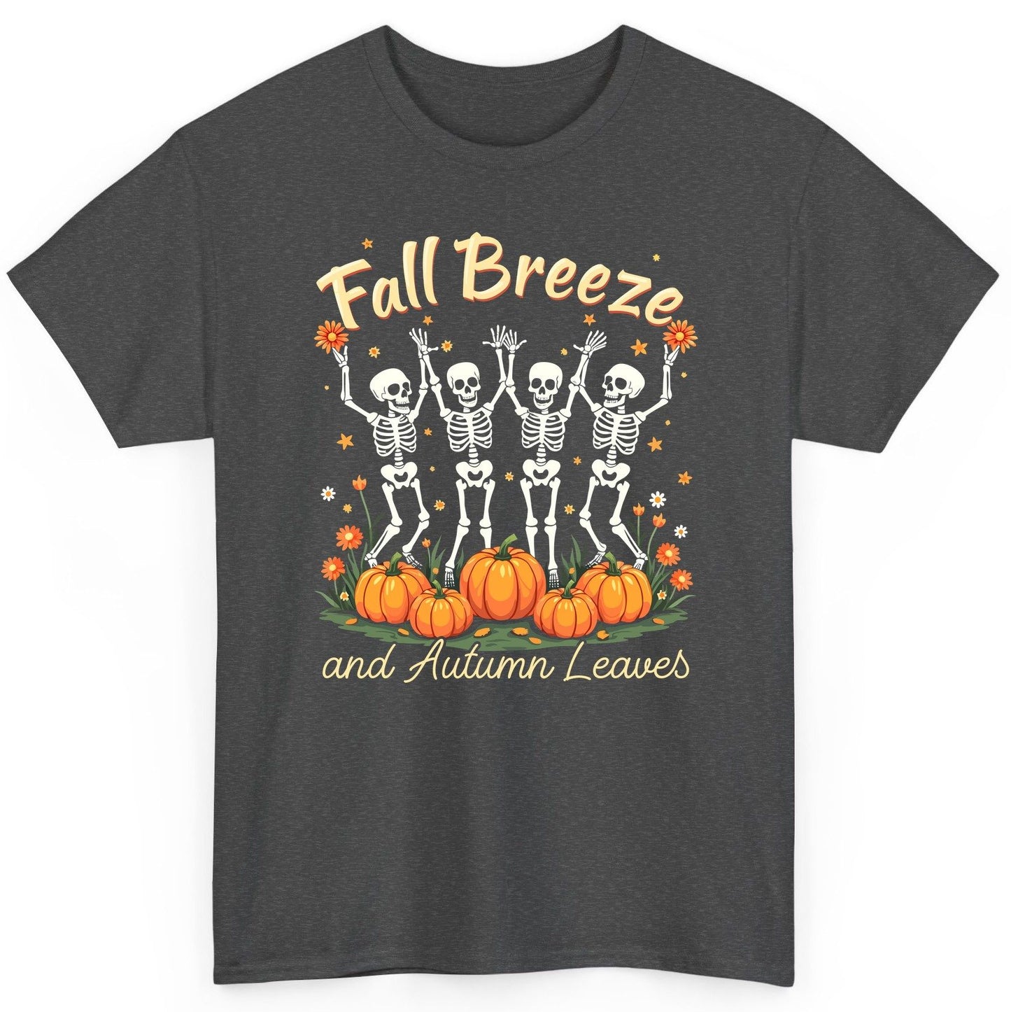 Fall Breeze and Autumn Leaves dancing skeletons T-Shirt Dark Heather product mockup