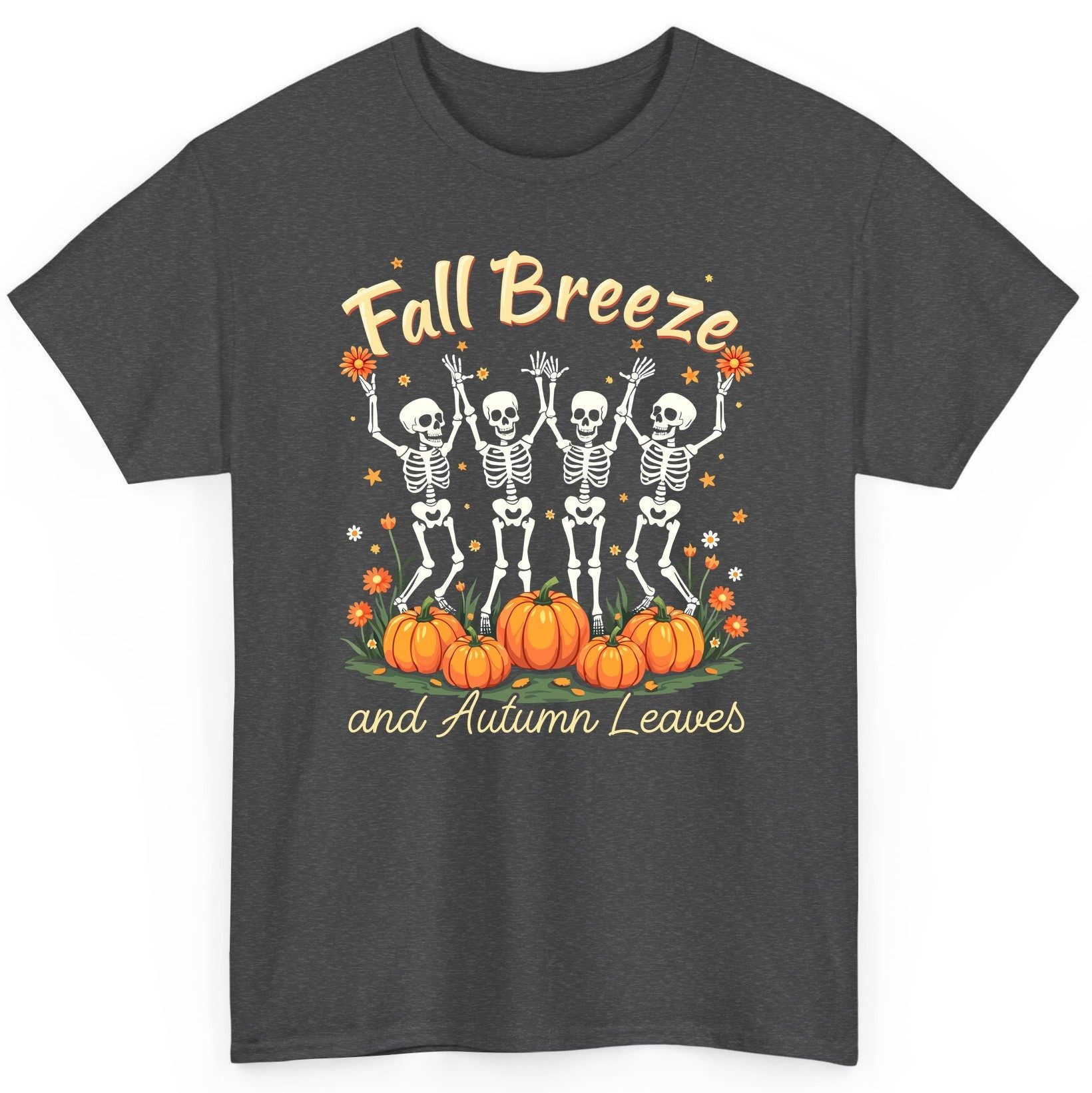 Fall Breeze and Autumn Leaves dancing skeletons T-Shirt Dark Heather product mockup
