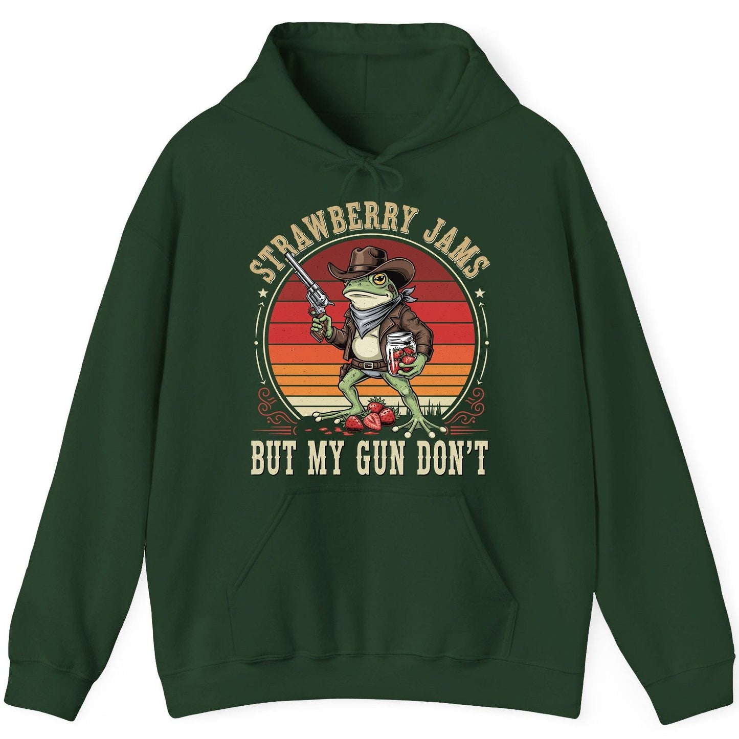 Strawberry Jams but My Gun Don't cowboy frog Hoodie Forest Green product mockup