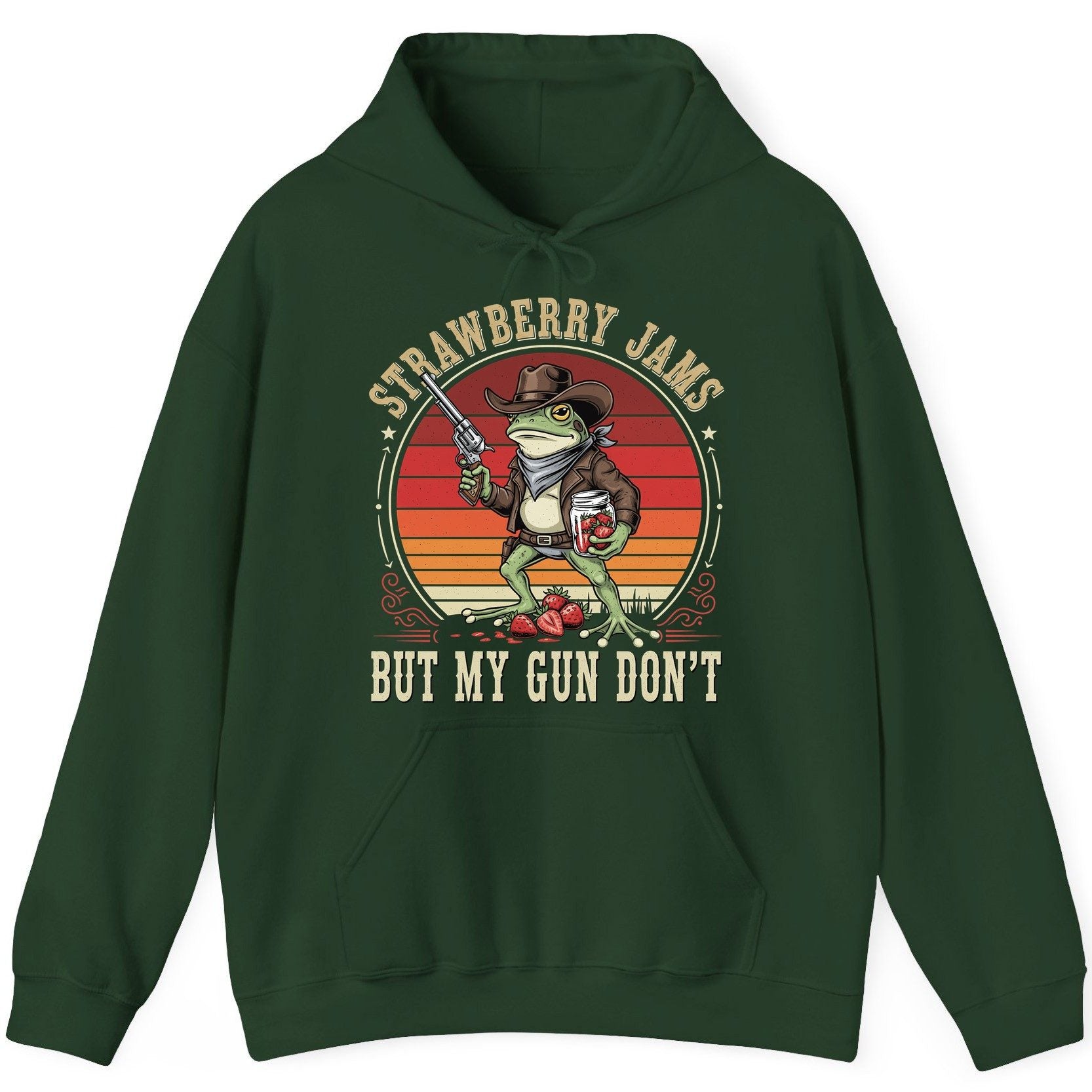 Strawberry Jams but My Gun Don't cowboy frog Hoodie Forest Green product mockup