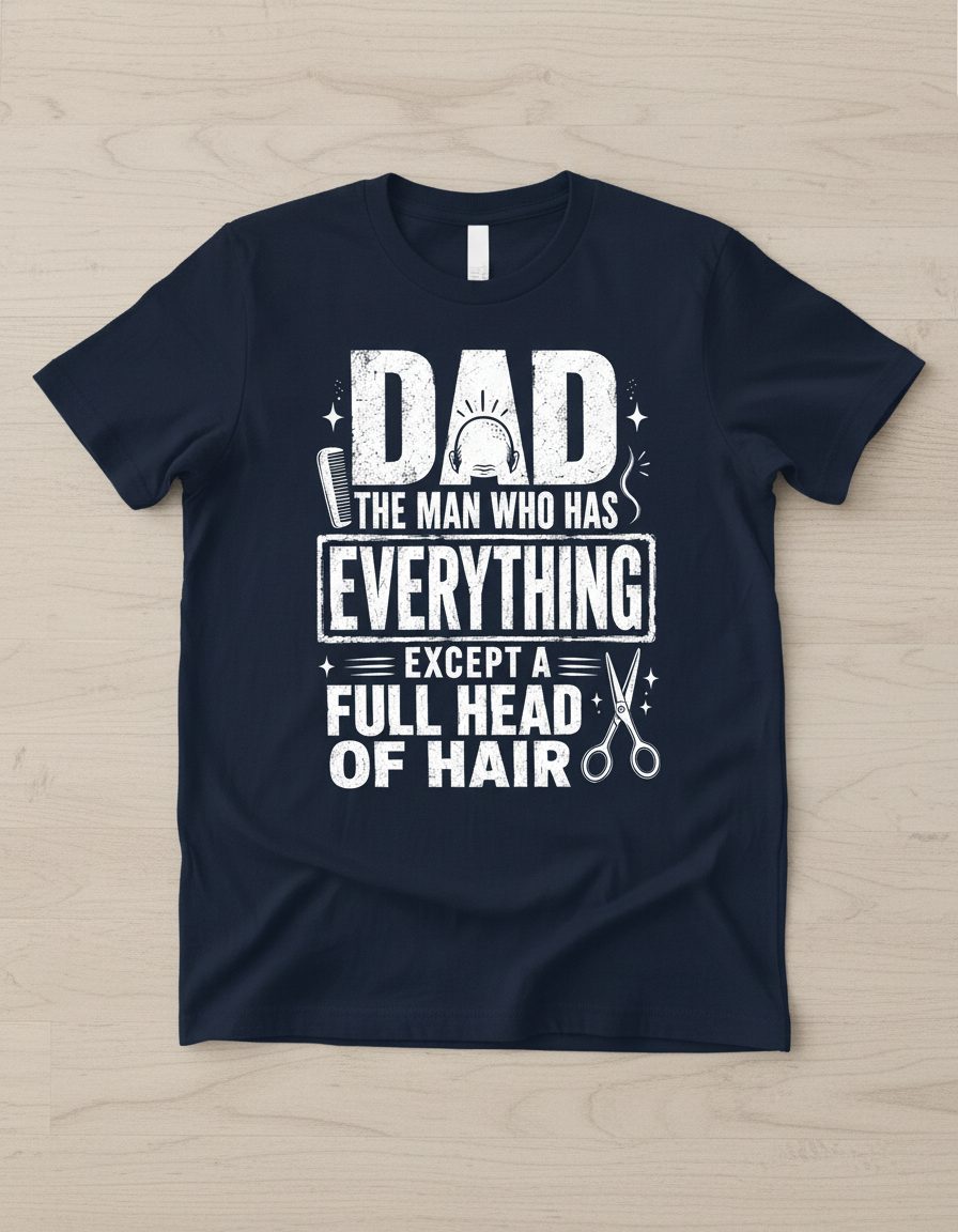 Dad the Man Who Has Everything Except a Full Head of Hair Funny Humor T-Shirt - product mockup - Navy